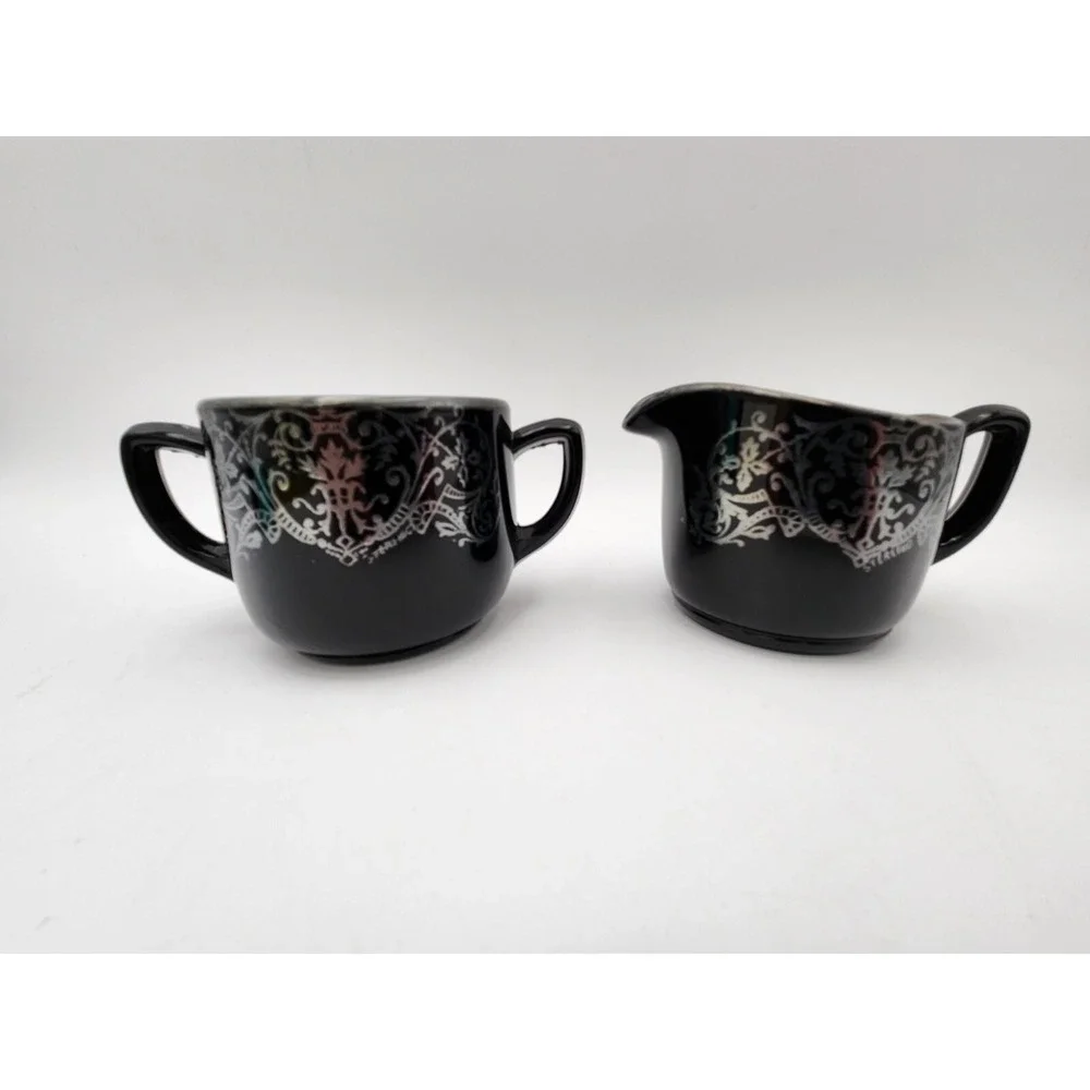 Vtg Black Amethyst Glass Creamer & Sugar W/‎ Silver Design Rockwell Silver Co?